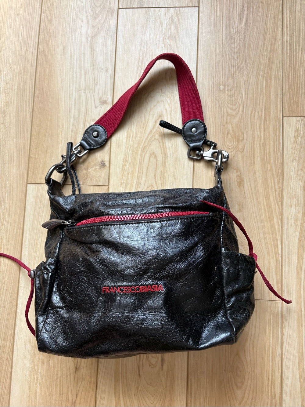 Francesco Biasia Black Leather Shoulder Bag with Red Trim Chunky Distressed Look